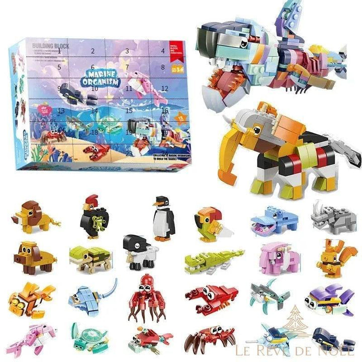 Calendrier de l'avent en briques, figurines d'animaux variés : pingouin, éléphant, requin, poulpe