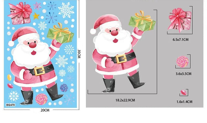 Sticker Père Noël rose en pied, cadeau vert et jaune levé dans une main