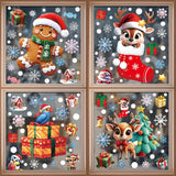 Quatre fenêtres à cadre bois avec stickers de Noël : bonhomme pain d'épice, renne, maison et faon
