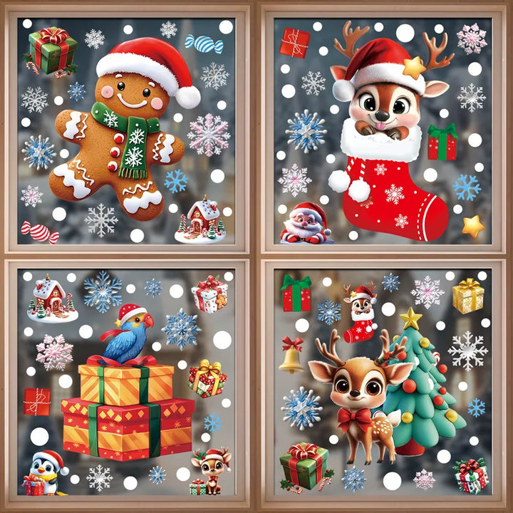 Quatre fenêtres à cadre bois avec stickers de Noël : bonhomme pain d'épice, renne, maison et faon