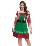 Robe de Noël imprimée bonbon, manches rayées rouge et blanc, épaules dénudées, ourlet à flocons