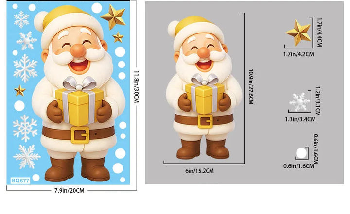Sticker Père Noël doré tenant un cadeau, planche 20x30cm avec cotes de chaque motif
