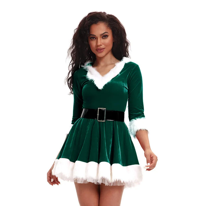 Robe mère Noël verte, décolleté en V bordé de fausse fourrure blanche et ceinture noire