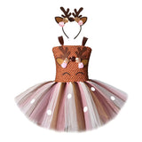 Robe tutu façon faon avec museau brodé, fleurs roses et serre-tête à bois et oreilles