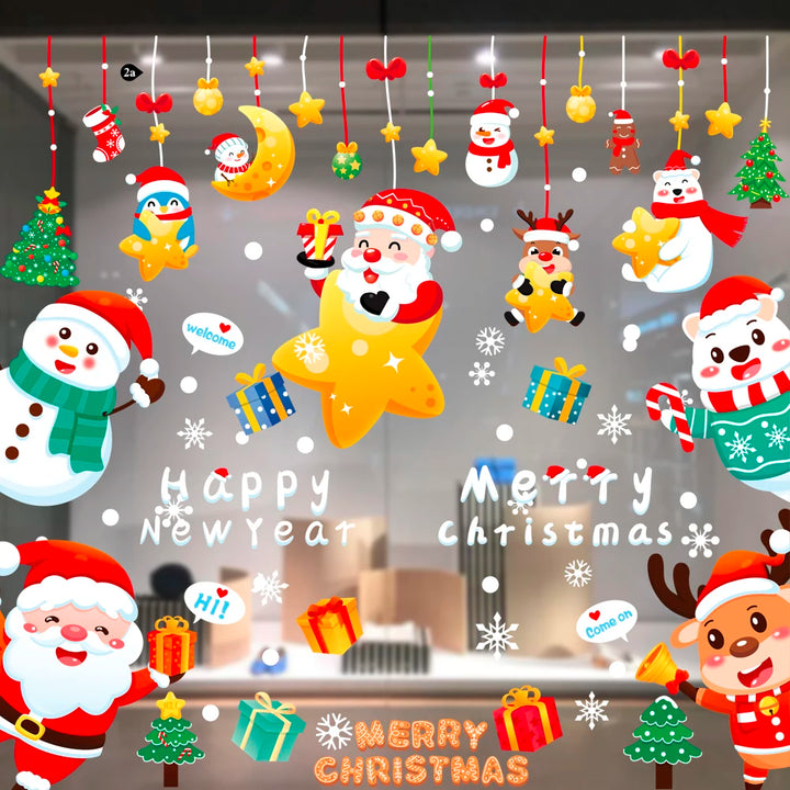 Sticker vitrine : Père Noël assis sur une étoile, entouré du bonhomme de neige et de l'ours polaire
