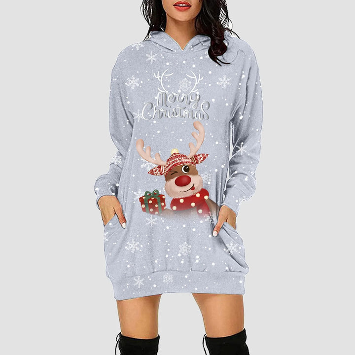 Robe sweat à capuche de Noël gris clair chiné, motif renne et texte « Merry Christmas »