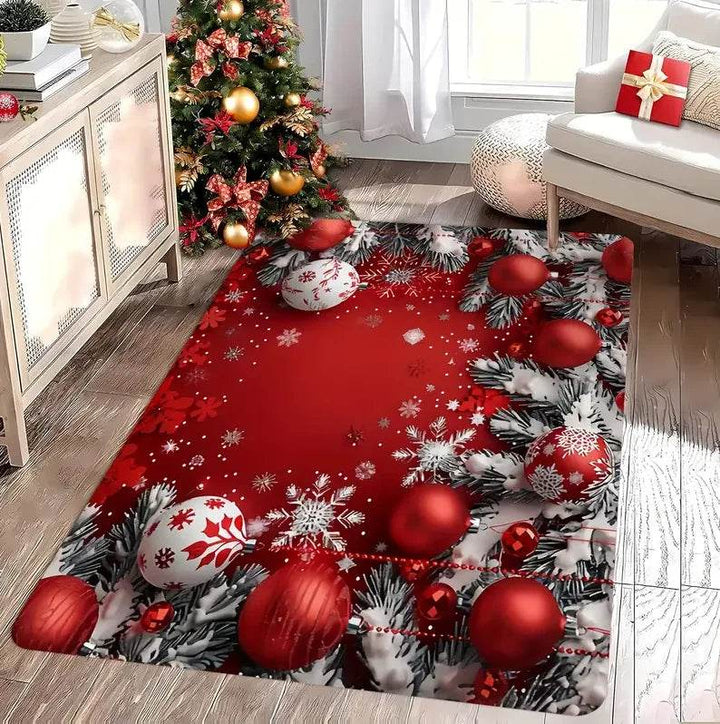 Tapis rouge bordé de grosses boules de Noël rouges et blanches et de branches enneigées