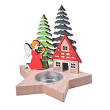 Bougeoir étoile en bois sur fond blanc, ange agenouillé offrant une étoile, sapins et maison