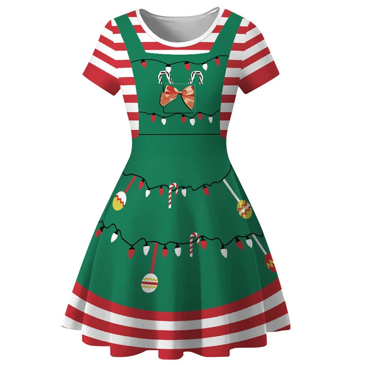 Robe de Noël verte façon tablier sur rayures rouges, guirlande lumineuse et nœud imprimés
