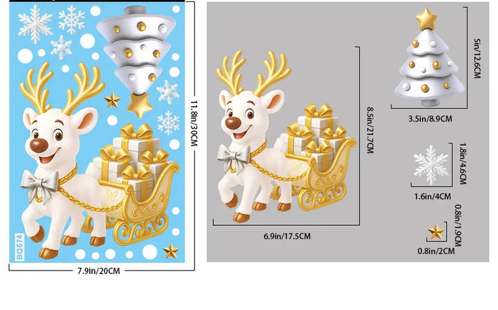 Sticker renne blanc tirant un traîneau doré chargé de cadeaux, planche cotée 20x30cm