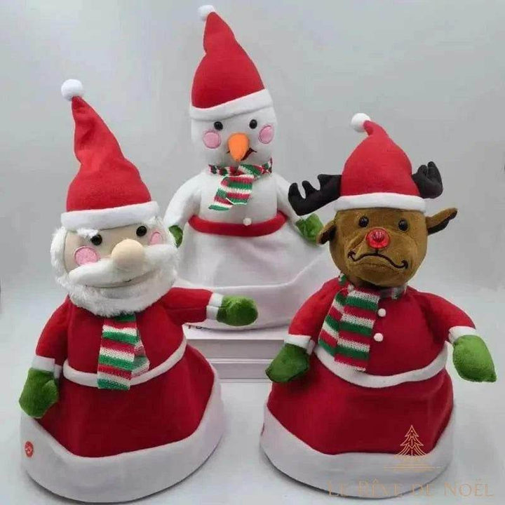 Trois bonnets de Noël animés côte à côte : Père Noël, bonhomme de neige et renne