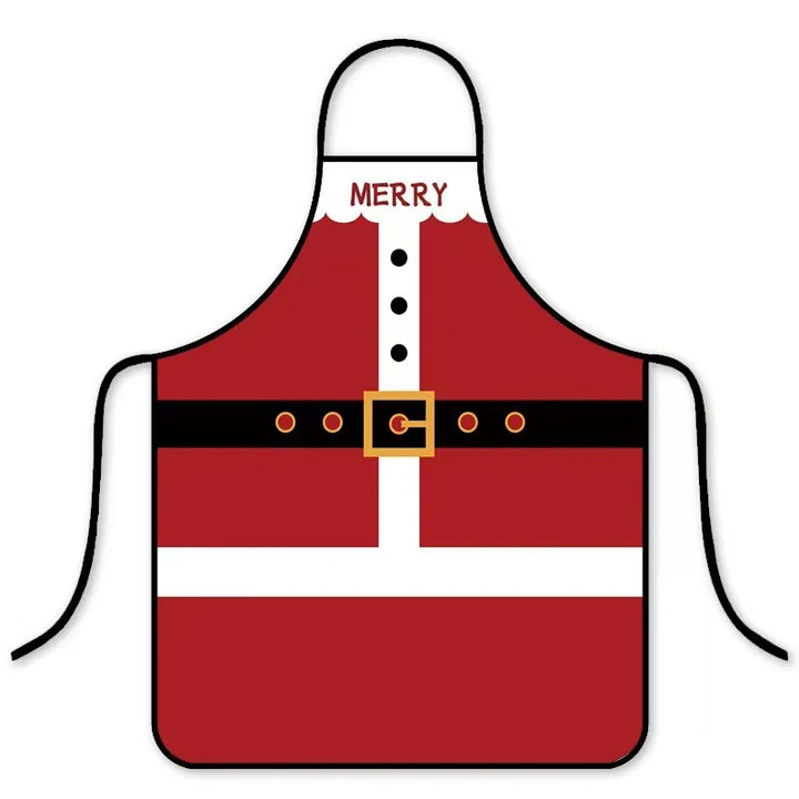 Tablier rouge façon habit de Père Noël, boutons noirs, ceinture dorée et inscription Merry