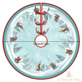 Couvre-pied de sapin rond, même motif de lutins sur fond bleu glacé, grand format 120 cm