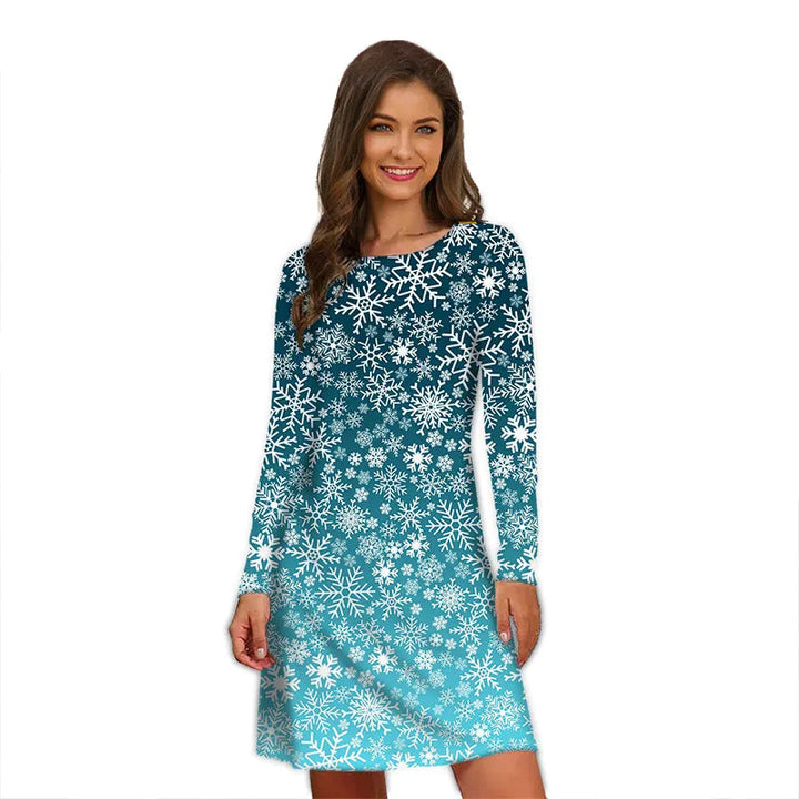 Robe de Noël bleu turquoise à flocons blancs dégradés, manches longues, portée en studio