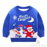 Pull enfant bleu vif, même motif Père Noël, cadeaux et inscription Merry Christmas