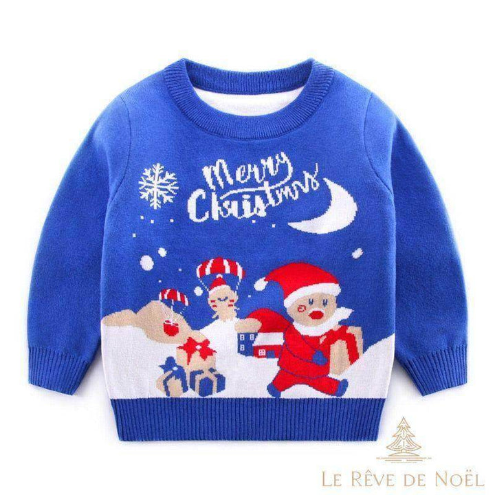 Pull enfant bleu vif, même motif Père Noël, cadeaux et inscription Merry Christmas
