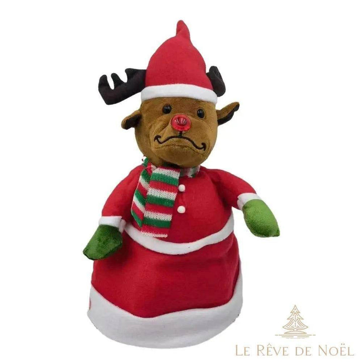 Bonnet de Noël animé à tête de renne, bois noirs et nez rouge, sur bourrelet de fourrure blanche