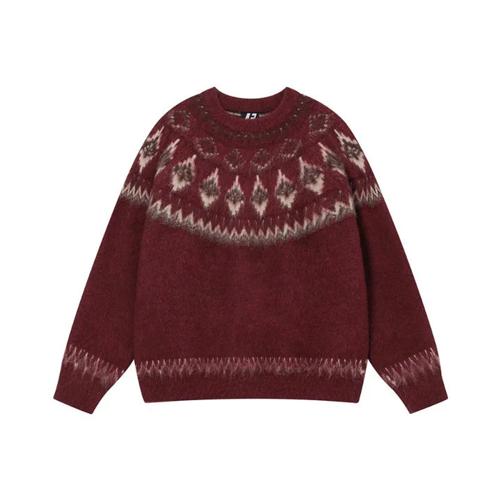 Pull de Noël femme vintage bordeaux, motif jacquard beige sur l'encolure, présenté à plat