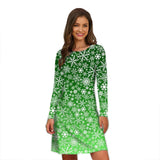 Robe de Noël verte à motif de flocons blancs dégradés, manches longues, portée en studio