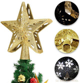 Cimier étoile dorée sur un sapin avec trois gros plans : texture pailletée, base ouverte et flocons du projecteur intégré