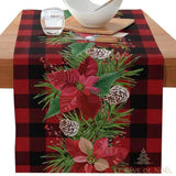 Chemin de table à carreaux avec motif de fleurs de poinsettia, pommes de pin et branches de sapin