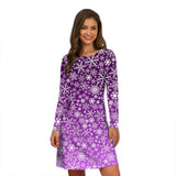Robe de Noël violette à motif de flocons blancs dégradés, manches longues, portée en studio