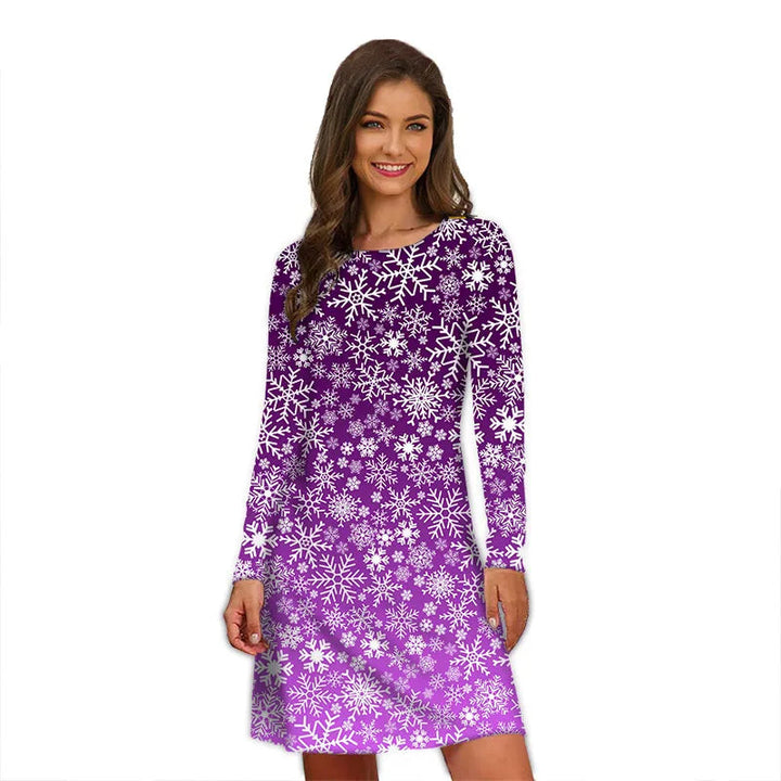 Robe de Noël violette à motif de flocons blancs dégradés, manches longues, portée en studio