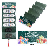 Pochette de Noël vert sapin à motif de paquets cadeaux, dépliée montrant ses compartiments