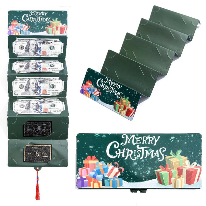 Pochette de Noël vert sapin à motif de paquets cadeaux, dépliée montrant ses compartiments