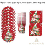 Assiettes, gobelets et serviettes jetables rouges du lot de 40 pièces, motif sapin et Père Noël