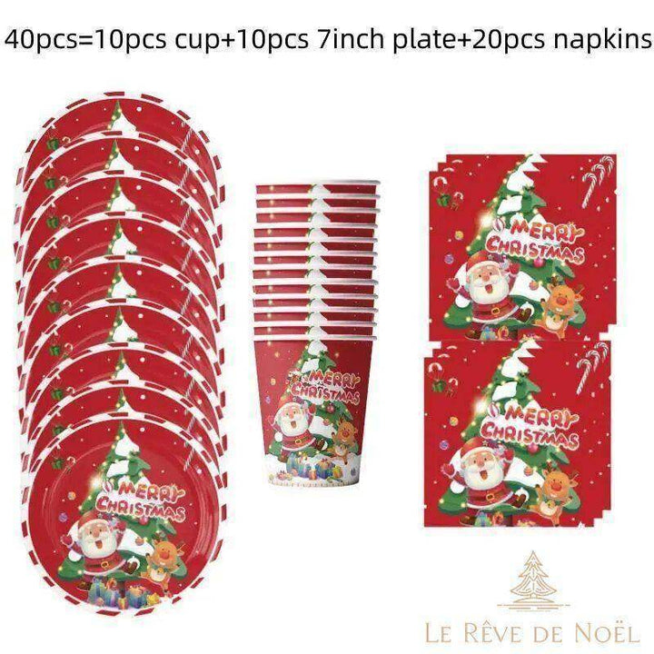 Assiettes, gobelets et serviettes jetables rouges du lot de 40 pièces, motif sapin et Père Noël
