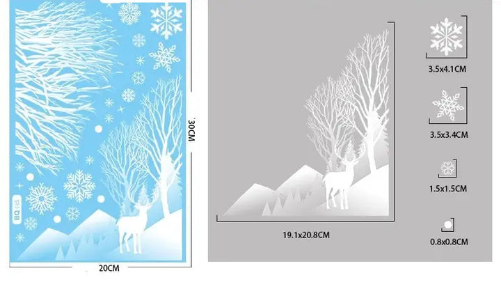 Schéma des dimensions : stickers renne dans un paysage de montagne enneigée, 20 x 30 cm