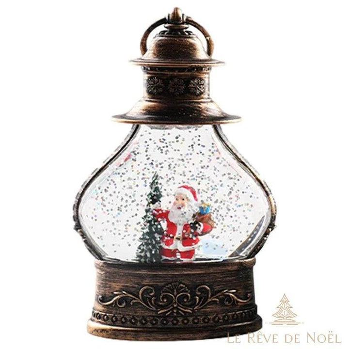 Lanterne bronze façon boule à neige à paillettes, Père Noël et sapin à l'intérieur
