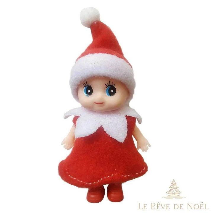Figurine bébé lutin coloris rouge, robe à col blanc pointu et bonnet à pompon