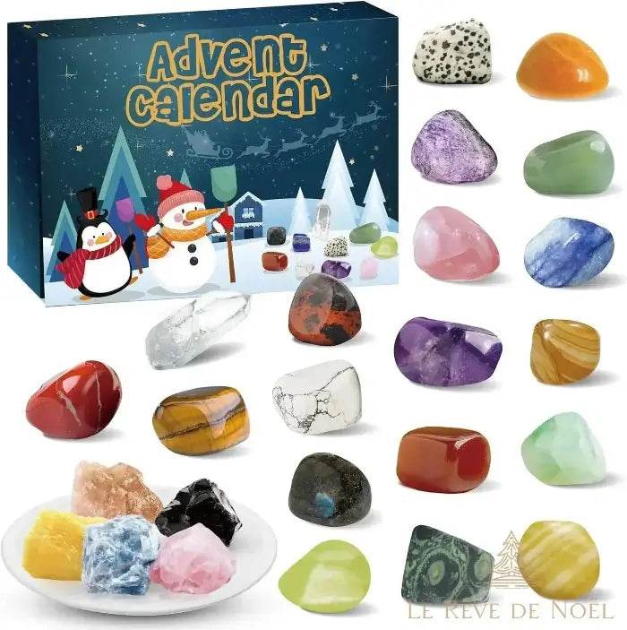 Calendrier de l'avent Vert, scène hivernale sapins et bonhomme de neige, pierres polies colorées