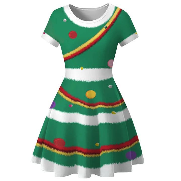 Robe de Noël verte à guirlandes rouge et or et boules multicolores imprimées, manches courtes