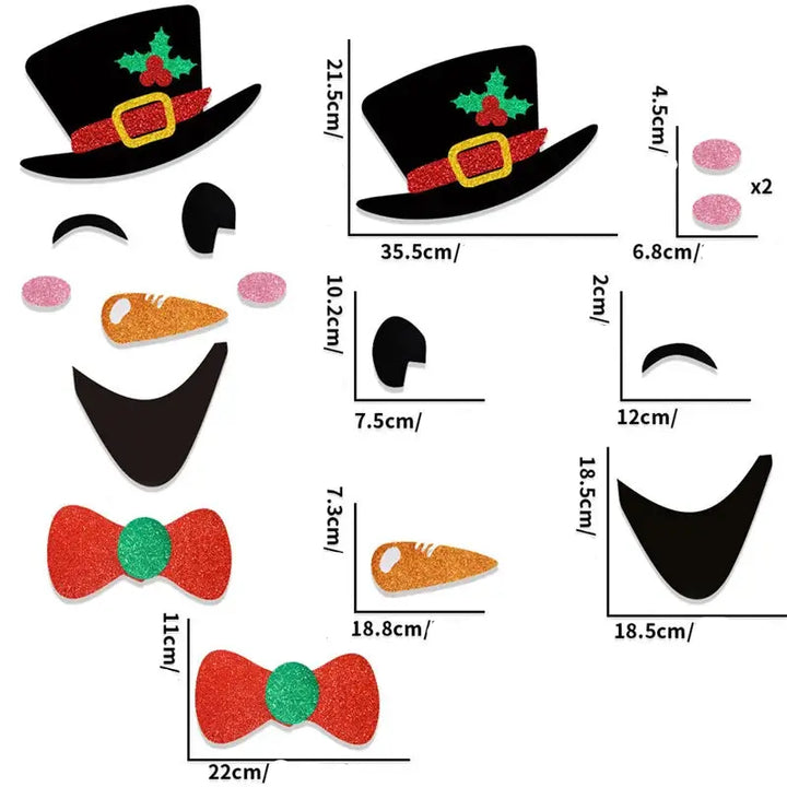 Schéma coté du sticker visage de bonhomme de neige : chapeau, nez carotte, nœud