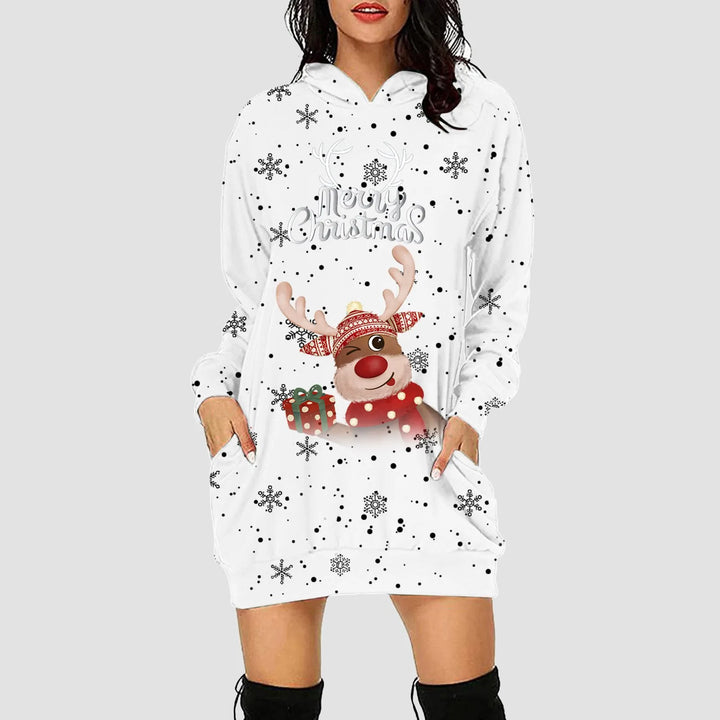 Robe sweat à capuche de Noël blanche, renne clin d'œil avec cadeau et texte « Merry Christmas »