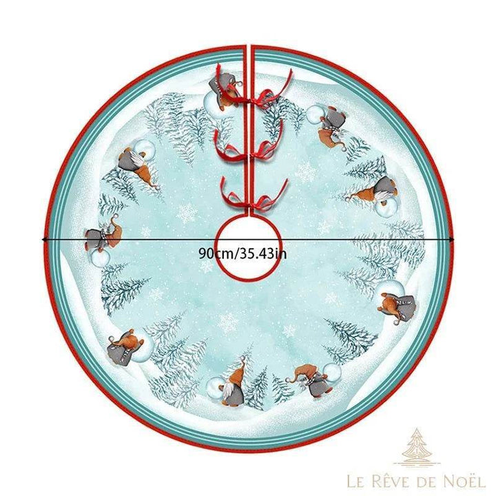 Couvre-pied de sapin rond, fond bleu glacé avec lutins faisant des boules de neige, 90 cm