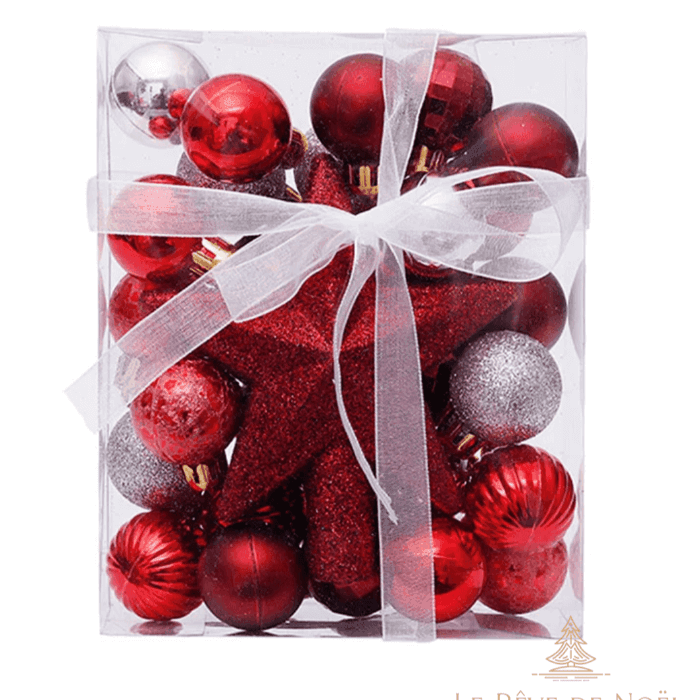 Coffret de boules rouges et argentées avec cimier étoile, noué d'un ruban blanc
