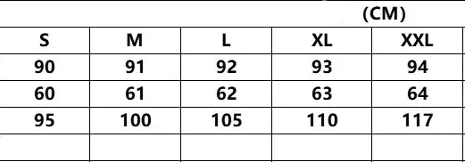 Tableau des tailles en centimètres, colonnes S à XXL avec trois lignes de mesures