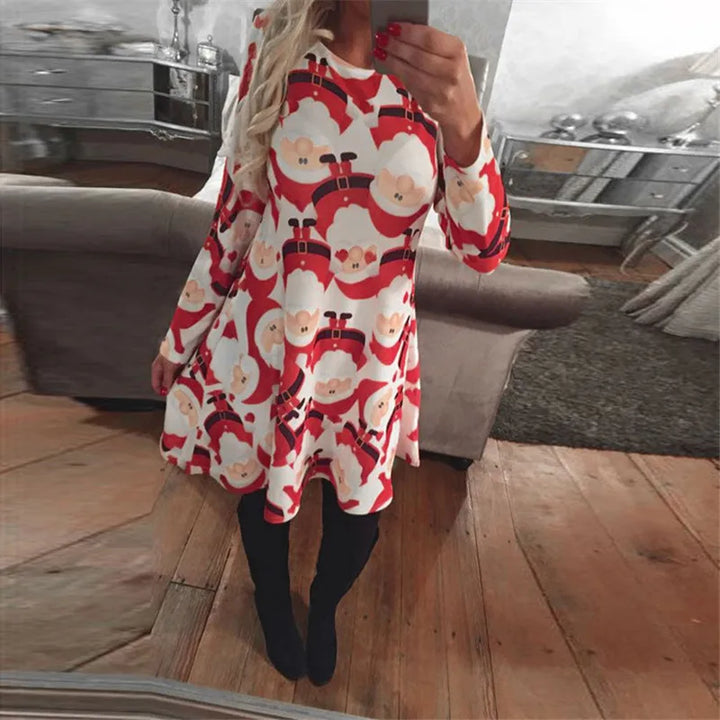 Robe de Noël moche blanche à gros visages de Père Noël façon bande dessinée répétés