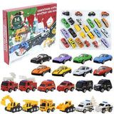 Coffret Mystery Car Box avec camions de pompiers rouges, voitures de police et engins de chantier
