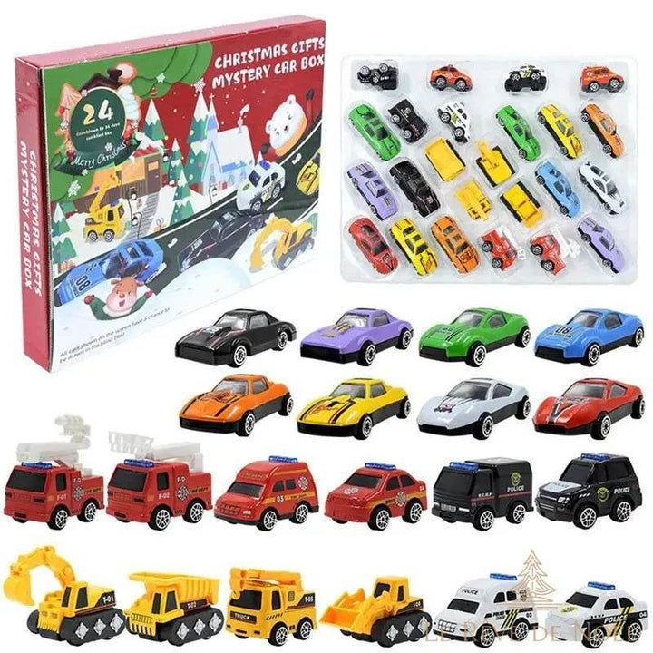 Coffret Mystery Car Box avec camions de pompiers rouges, voitures de police et engins de chantier