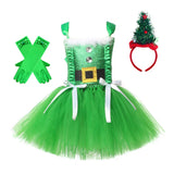 Robe tutu de Noël verte avec longs gants à nœud et serre-tête en forme de sapin