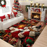 Grand tapis imprimé d'un Père Noël allongé avec un chien près d'une cheminée, posé au salon