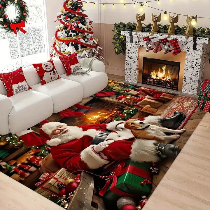 Grand tapis imprimé d'un Père Noël allongé avec un chien près d'une cheminée, posé au salon