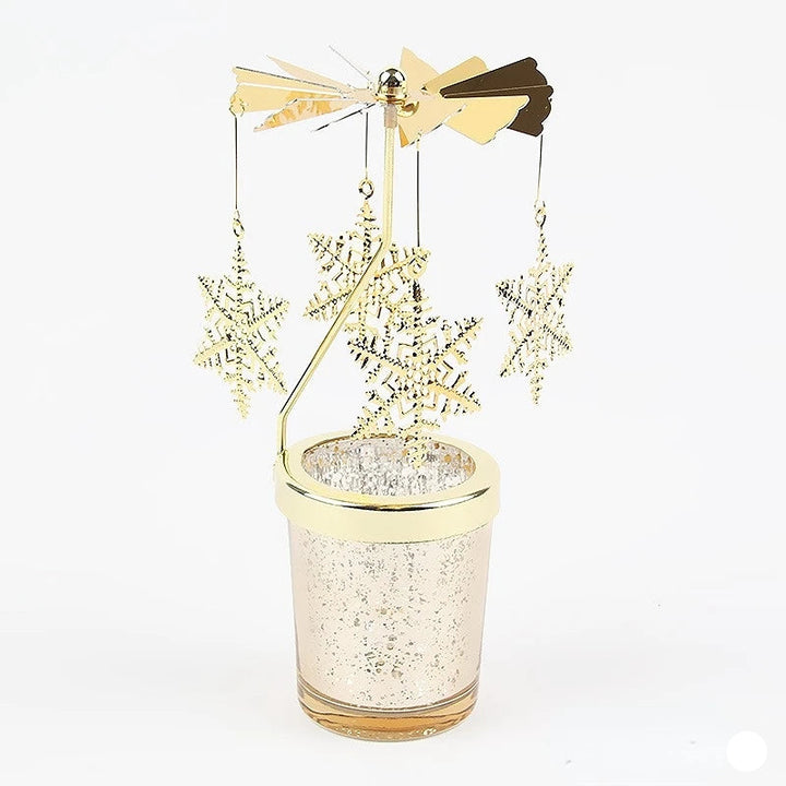 Bougeoir carrousel doré à flocons de neige ajourés suspendus, photophore en verre effet mercure