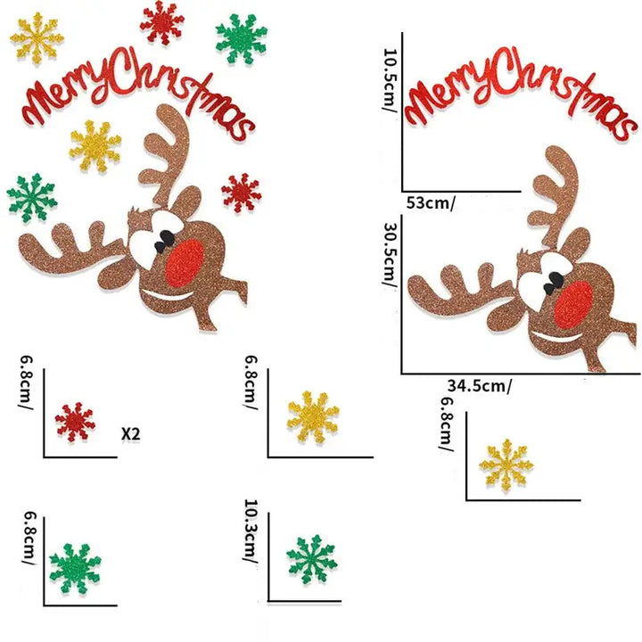 Schéma coté du sticker renne pailleté et du texte Merry Christmas, largeur 53 cm