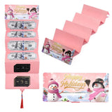 Pochette de Noël rose « Happy Holidays » à bonhommes de neige, dépliée avec ses compartiments
